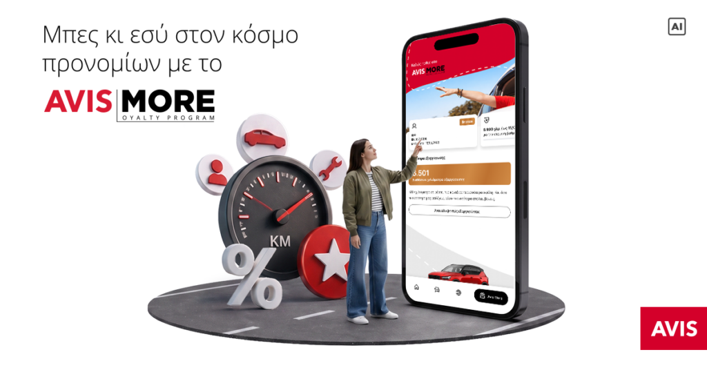 Γραφικό του προγράμματος επιβράβευσης Avis More Loyalty Program, με χιλιομετρητή, εικονίδια υπηρεσιών και την εφαρμογή σε κινητό
